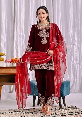 Maroon  Embroidery Viscose Velvet Salwar Suit