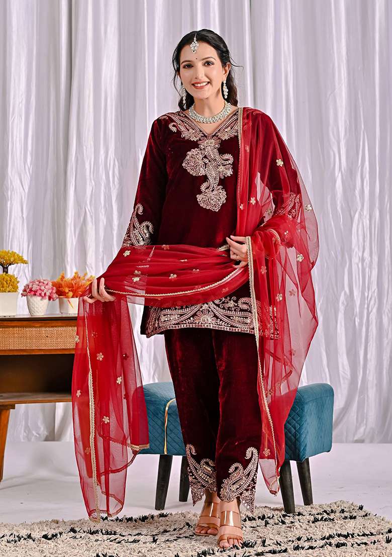 Maroon Embroidered Viscose Pakistani Suit Set - Indya