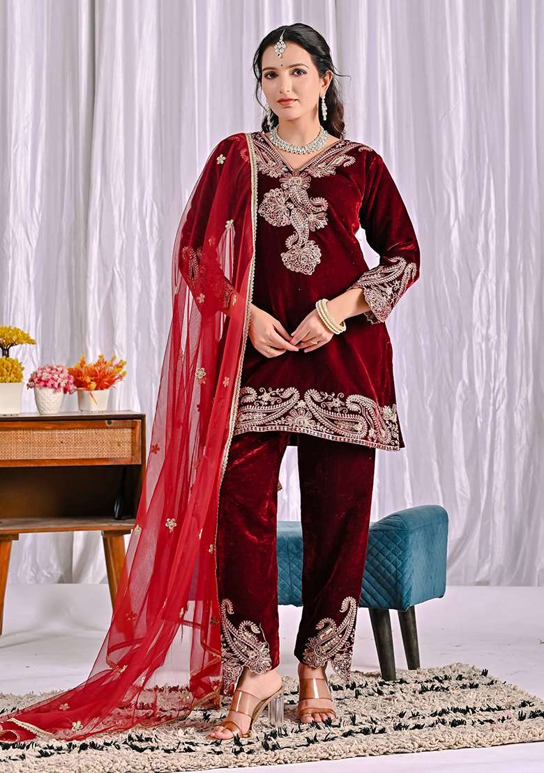 Maroon Embroidered Viscose Pakistani Suit Set - Indya