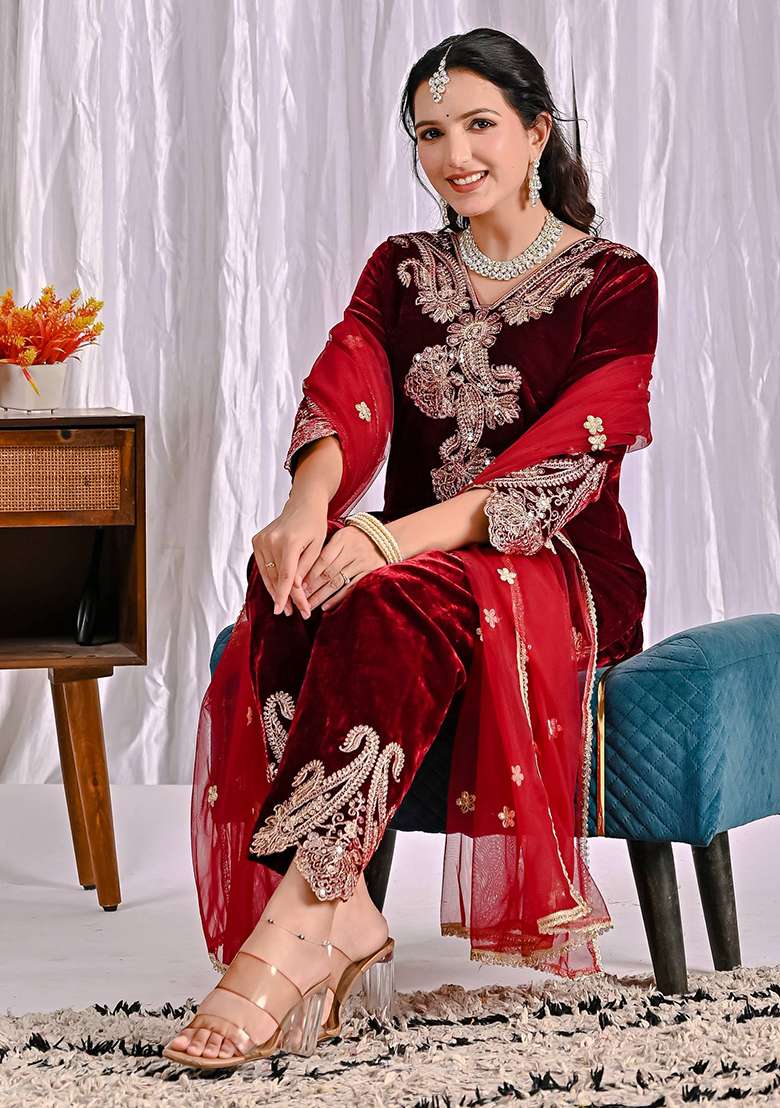 Maroon Embroidered Viscose Pakistani Suit Set - Indya