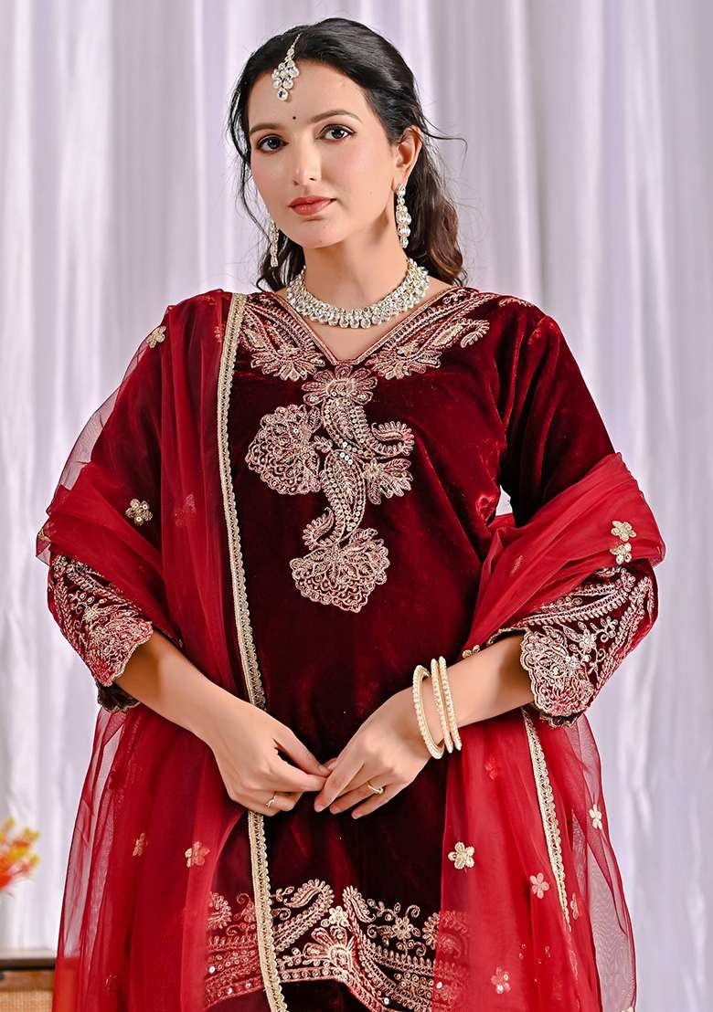 Maroon Embroidered Viscose Pakistani Suit Set - Indya