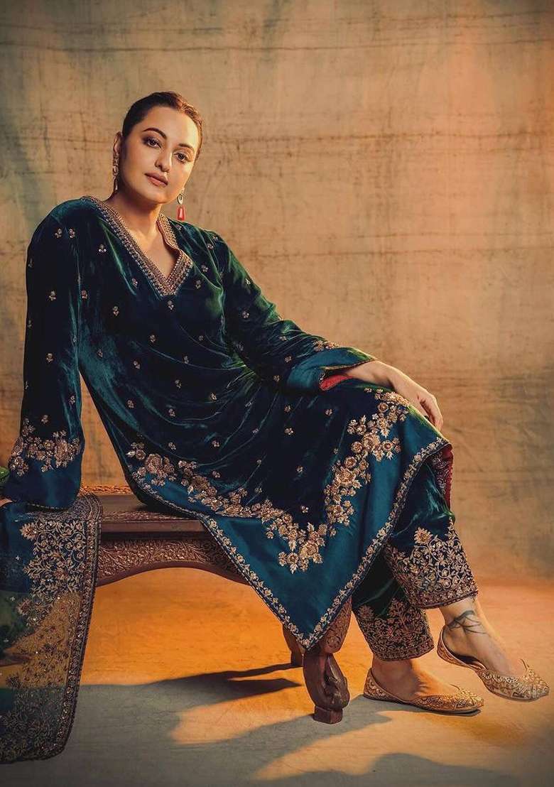 Green  Embroidery Velvet  Salwar Suit - Indya