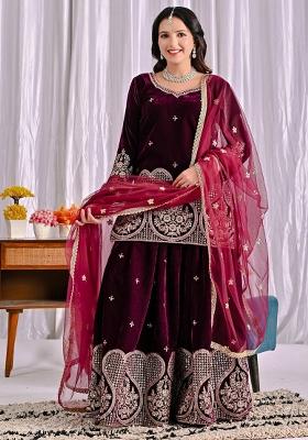 Wine  Embroidery Velvet  Salwar Suit