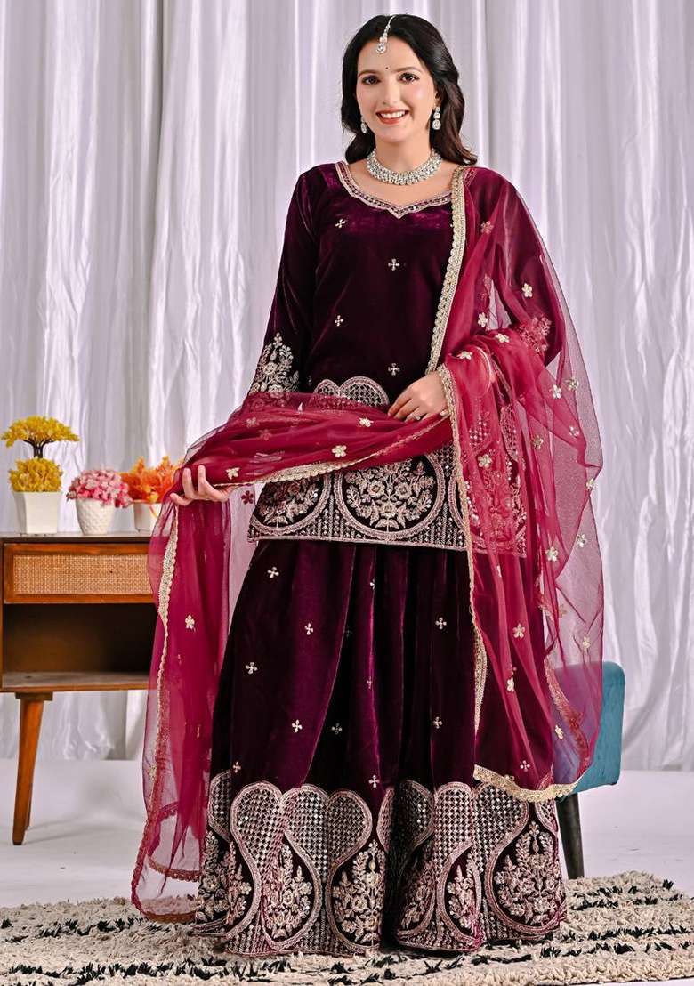 Wine Embroidered Velvet Sharara Set - Indya