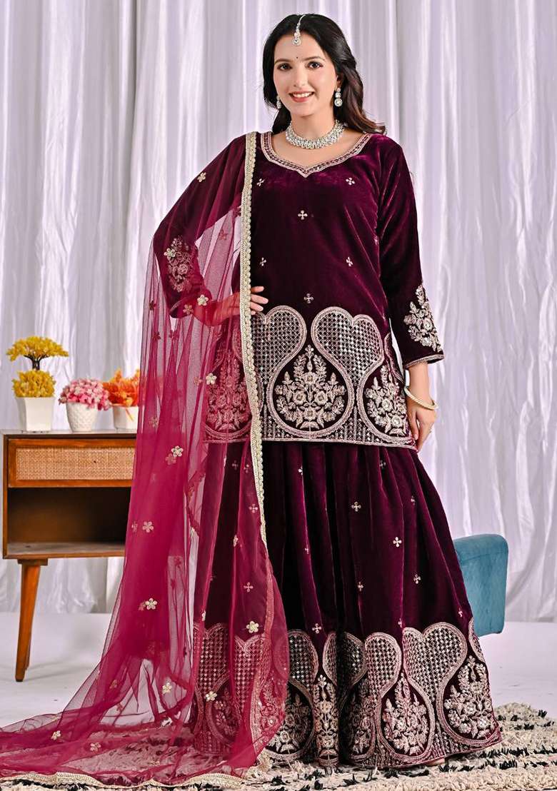Wine Embroidered Velvet Sharara Set - Indya