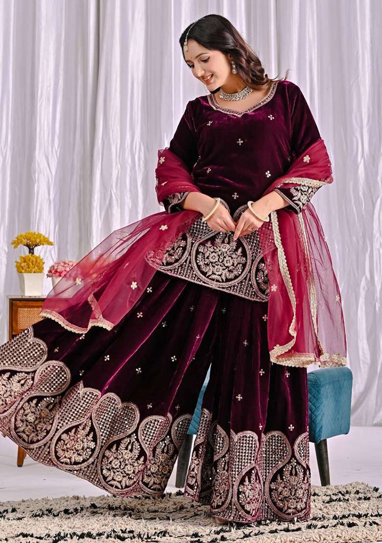 Wine Embroidered Velvet Sharara Set - Indya