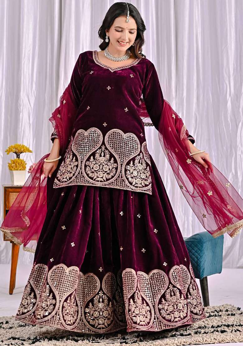 Wine Embroidered Velvet Sharara Set - Indya