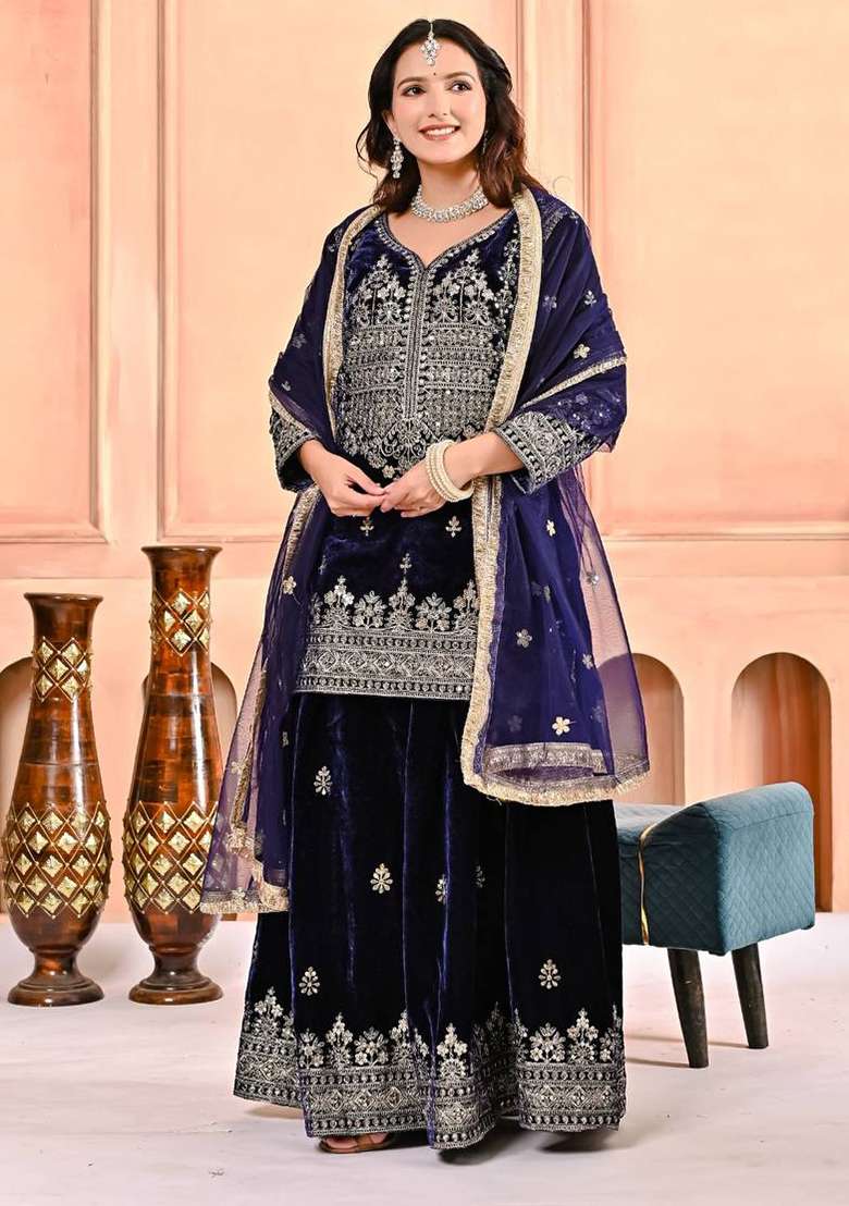 Navy Blue Embroidered Velvet Sharara Set - Indya