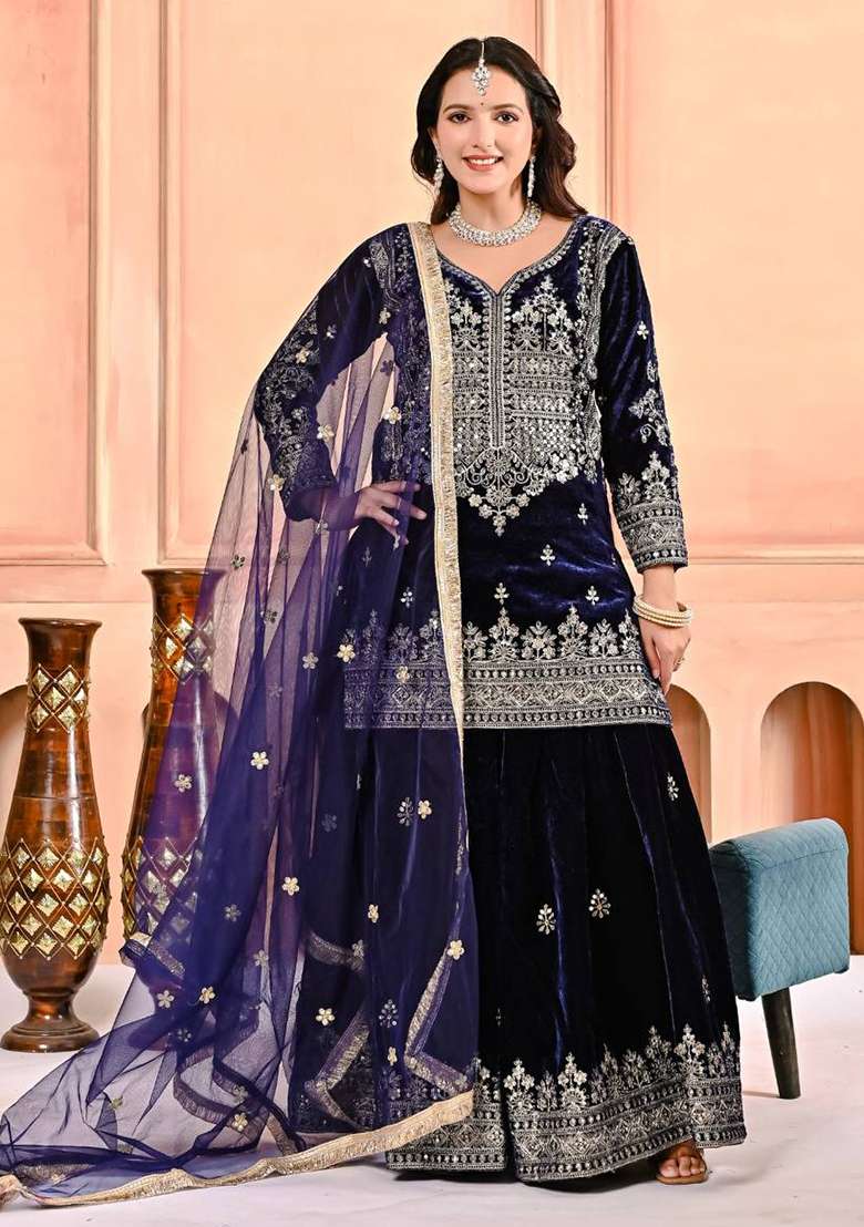 Navy Blue Embroidered Velvet Sharara Set - Indya