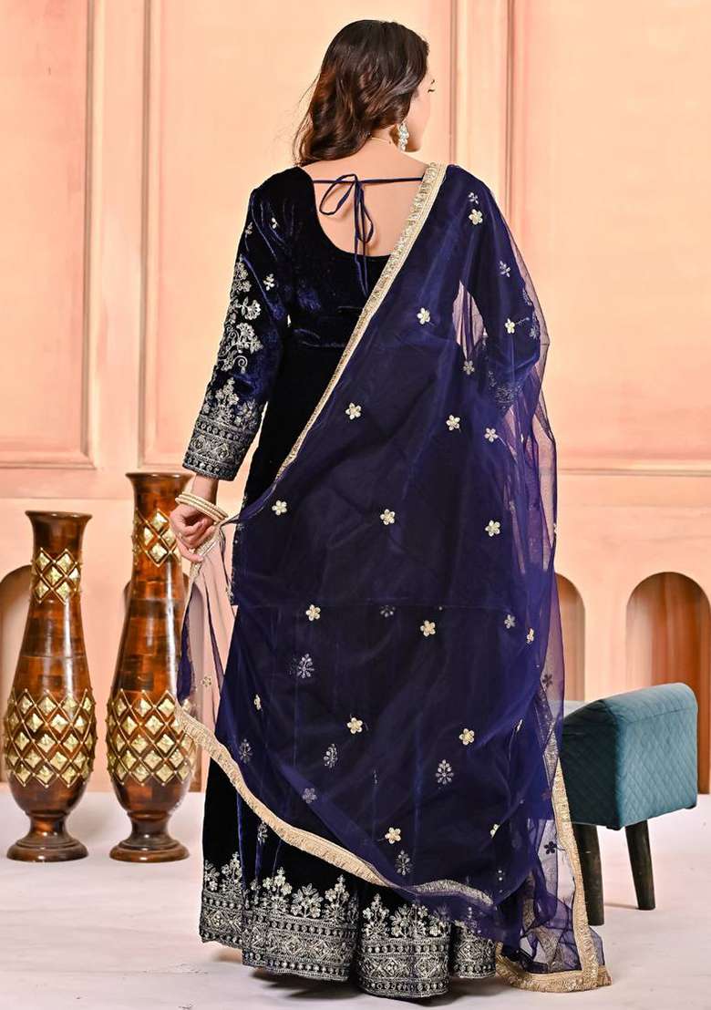 Navy Blue Embroidered Velvet Sharara Set - Indya
