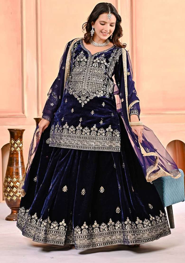 Navy Blue Embroidered Velvet Sharara Set - Indya