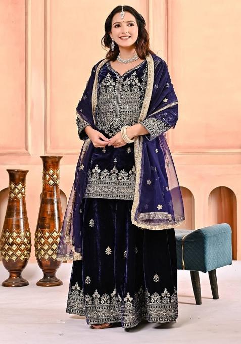 Navy Blue  Embroidery Velvet  Salwar Suit