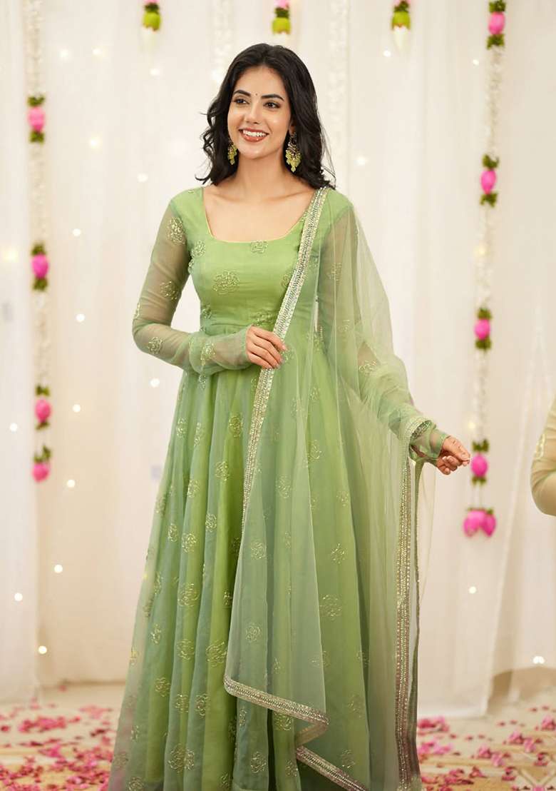 Light Green Embroidered Organza Anarkali Set - Indya