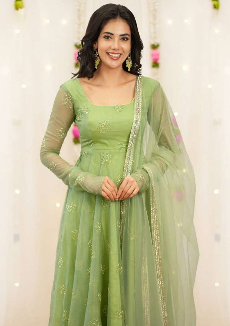 Light Green Embroidered Organza Anarkali Set - Indya