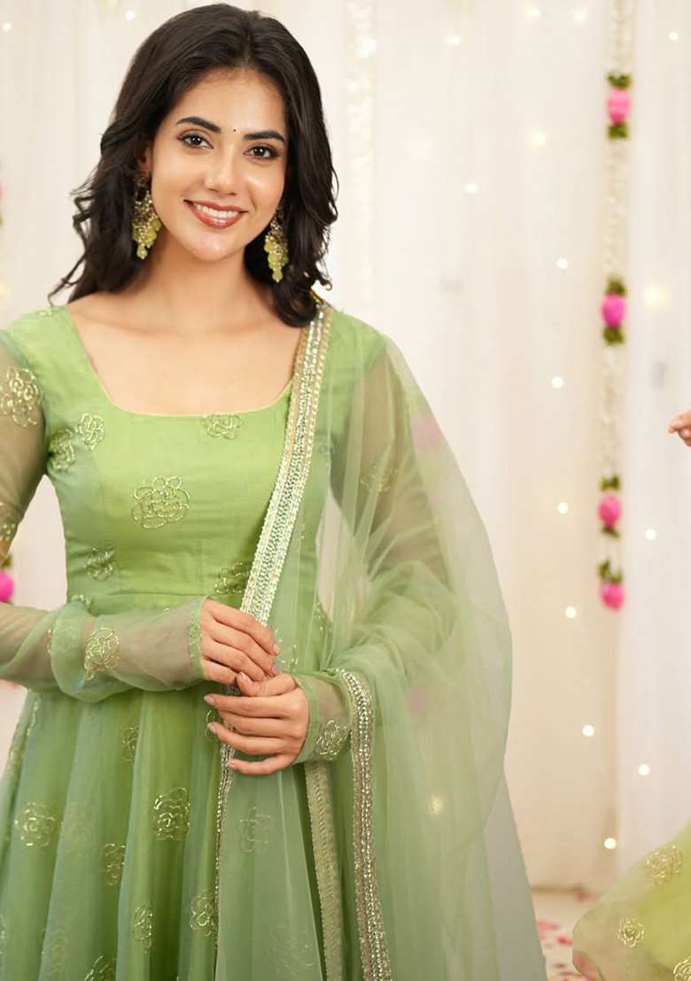 Light Green Embroidered Organza Anarkali Set - Indya