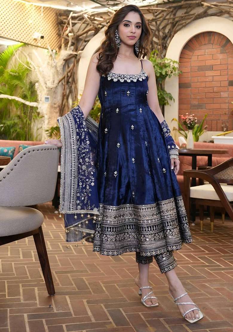 Navy Blue Embroidered Vichitra Anarkali Set - Indya