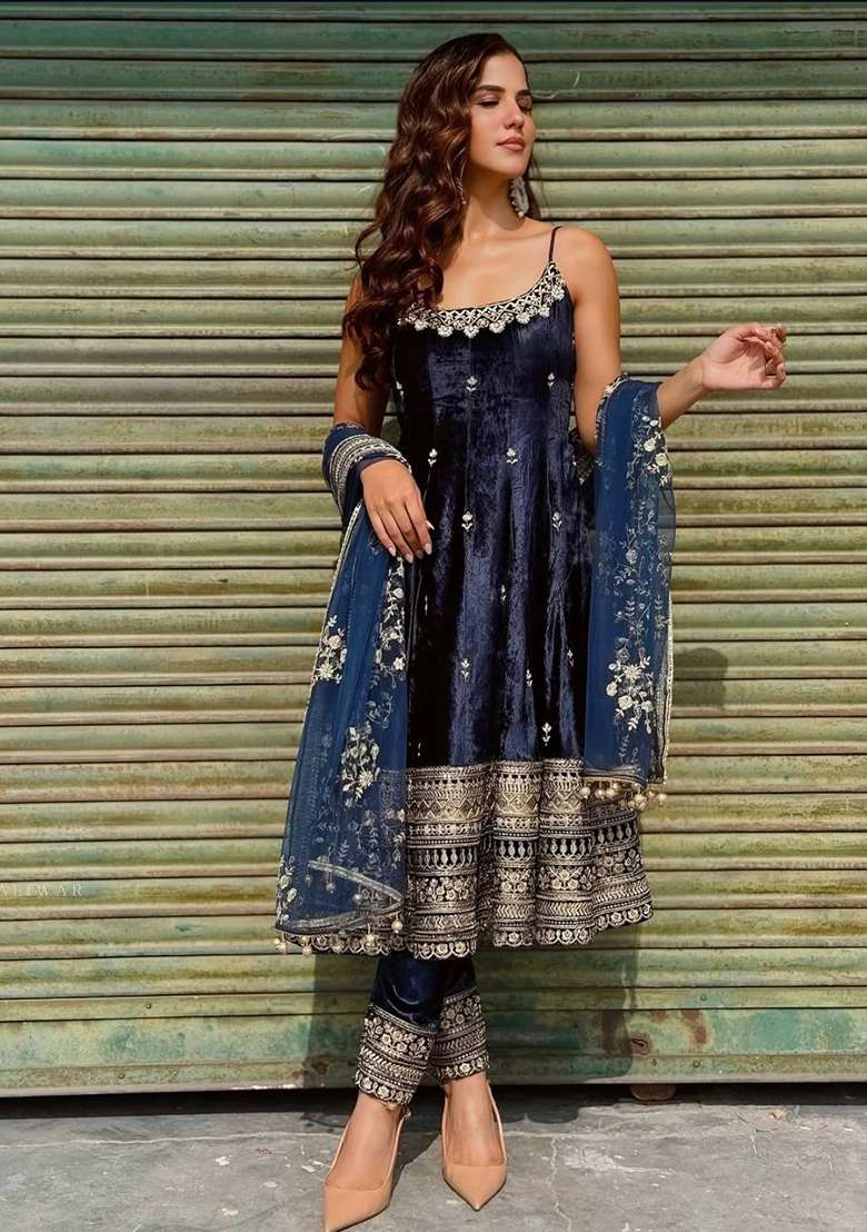 Navy Blue Embroidered Vichitra Anarkali Set - Indya
