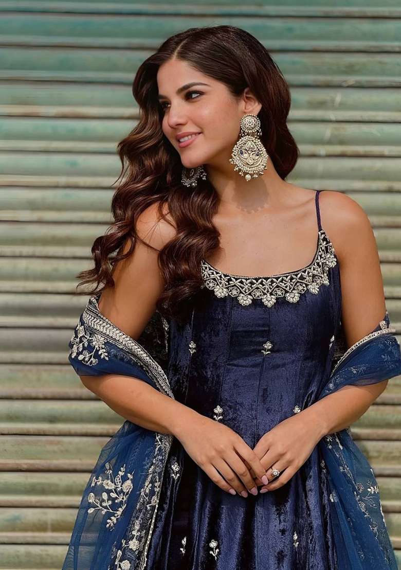 Navy Blue Embroidered Vichitra Anarkali Set - Indya