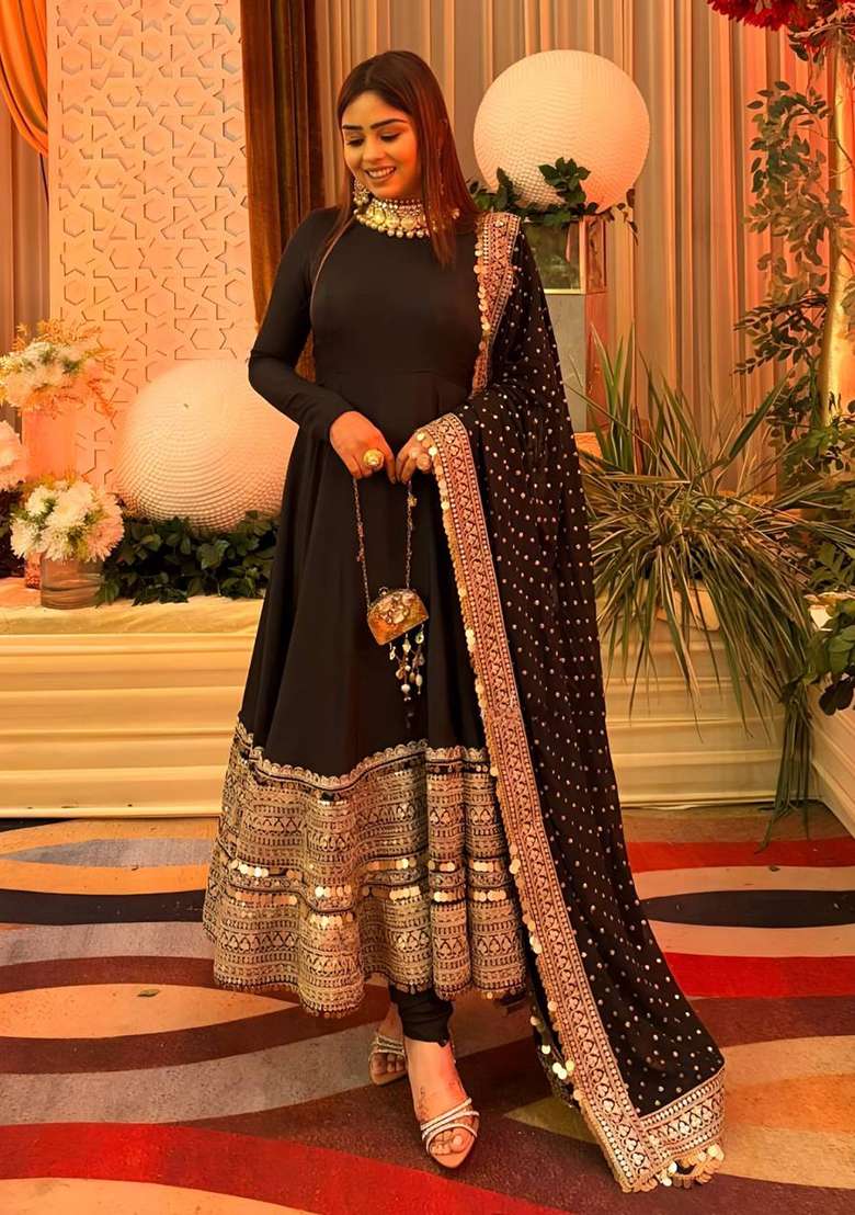 Black Embroidered Rayon Anarkali Set - Indya