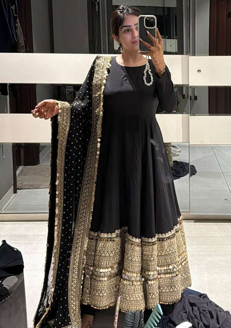 Black Embroidered Rayon Anarkali Set - Indya