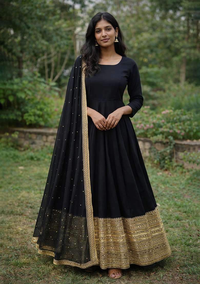 Black Embroidered Rayon Anarkali Set - Indya