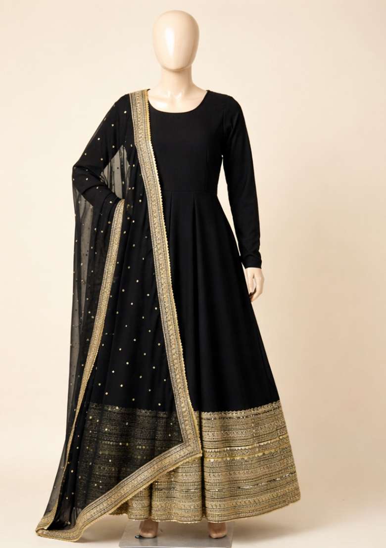 Black Embroidered Rayon Anarkali Set - Indya