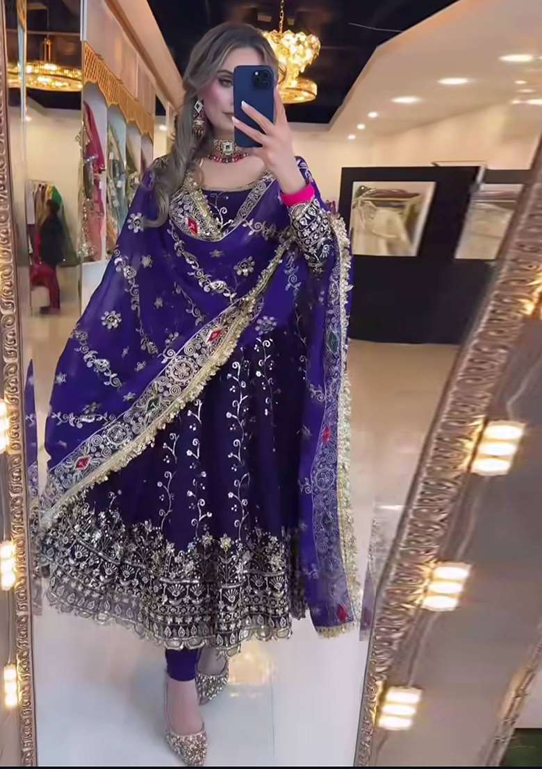 Blue Embroidered Georgette Anarkali Set - Indya