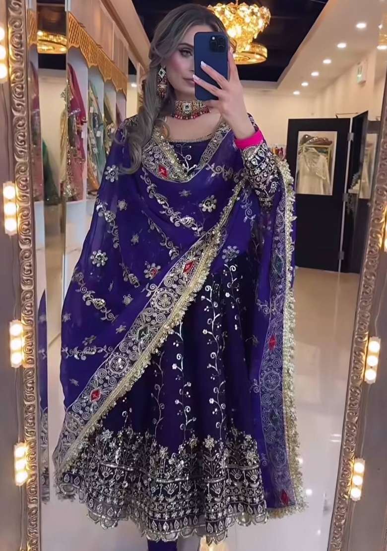 Blue Embroidered Georgette Anarkali Set - Indya
