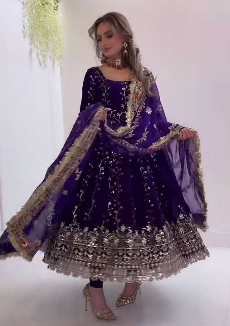Blue Embroidered Georgette Anarkali Set - Indya