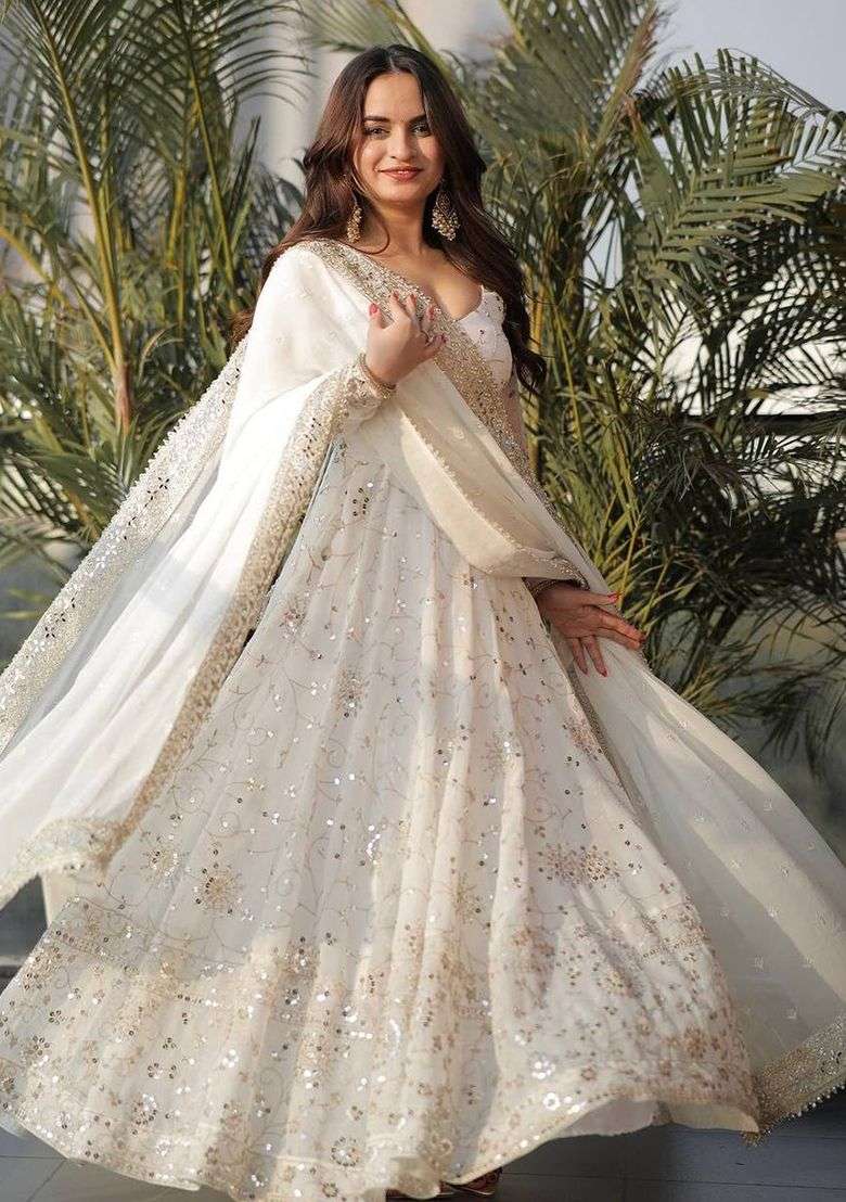 White Embroidered Georgette Anarkali Set - Indya
