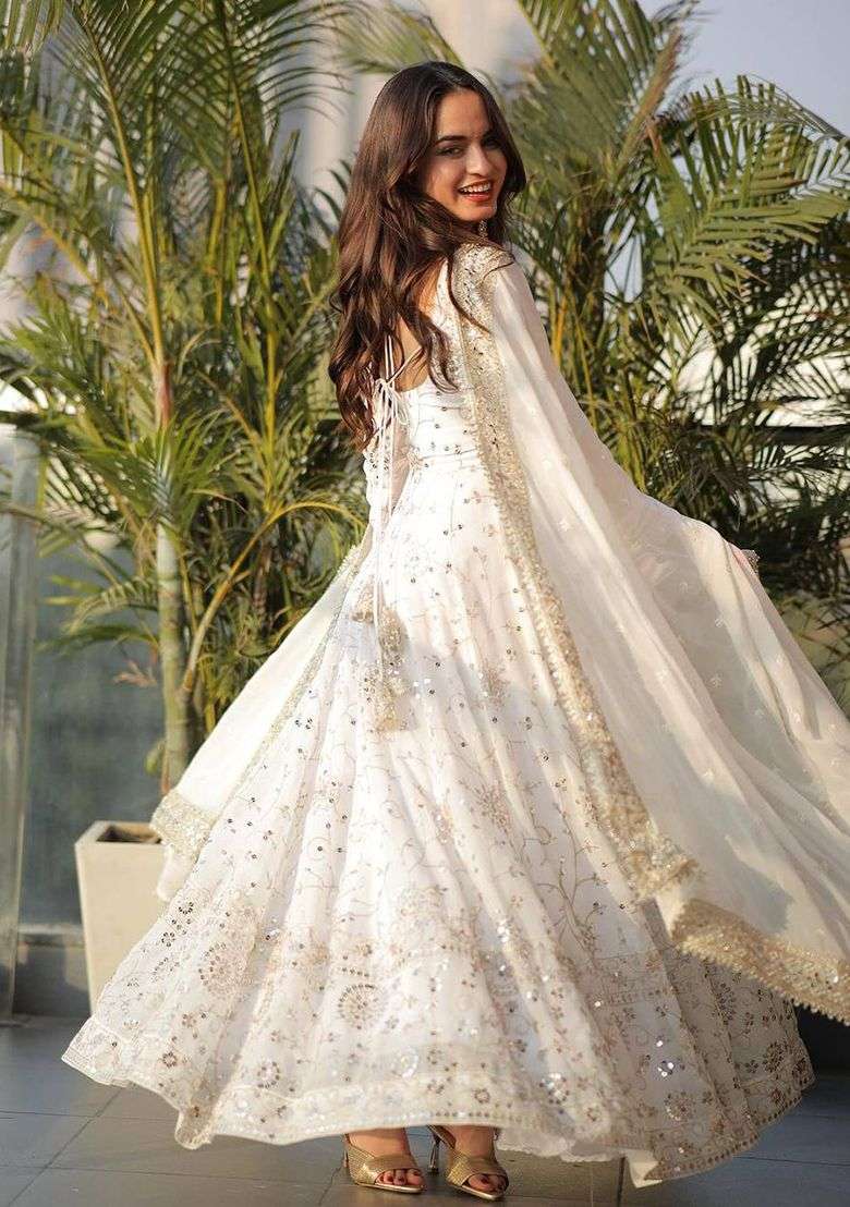 White Embroidered Georgette Anarkali Set - Indya