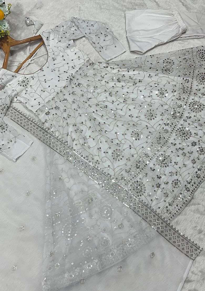 White Embroidered Georgette Anarkali Set - Indya