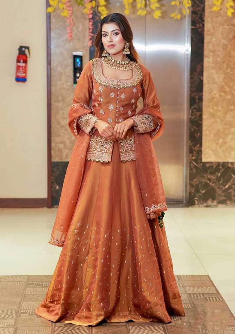 Brown Embroidered Silk Blended Lehenga Set - Indya