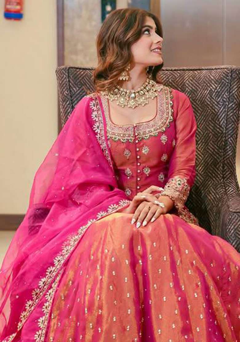 Pink Embroidered Silk Blend Lehenga Set - Indya