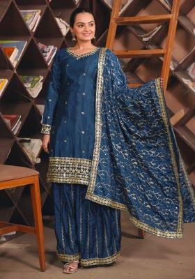 Navy Blue  Embroidery Chinon Silk  Salwar Suit