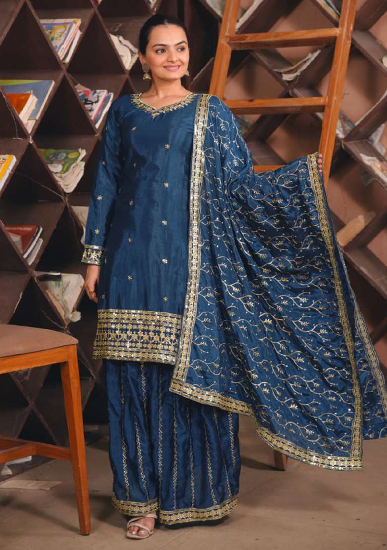 Navy Blue Embroidered Chinon Sharara Set - Indya