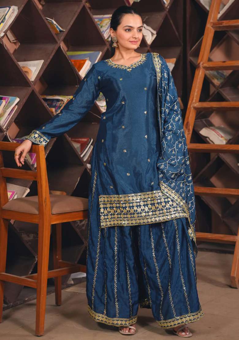 Navy Blue Embroidered Chinon Sharara Set - Indya