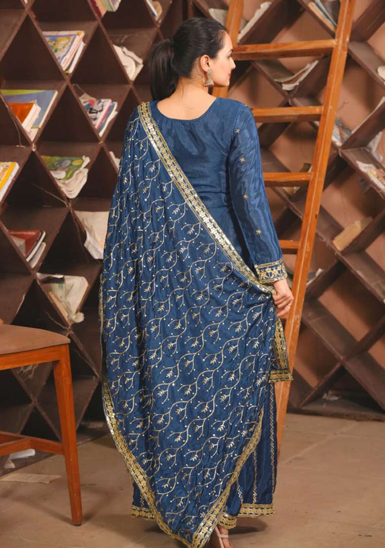 Navy Blue Embroidered Chinon Sharara Set - Indya