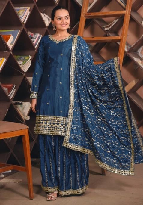 Navy Blue  Embroidery Chinon Silk  Salwar Suit