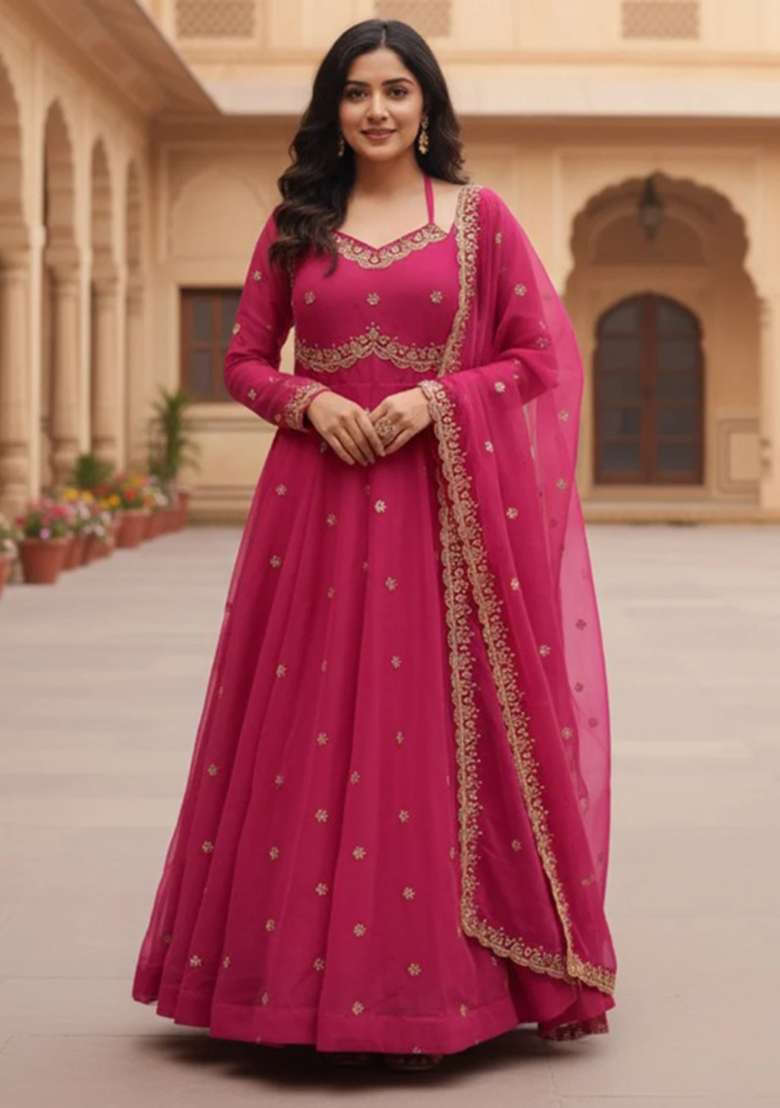 Pink Embroidered Faux Blooming Anarkali Set - Indya