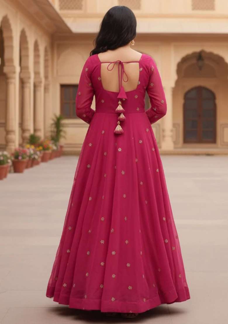 Pink Embroidered Faux Blooming Anarkali Set - Indya