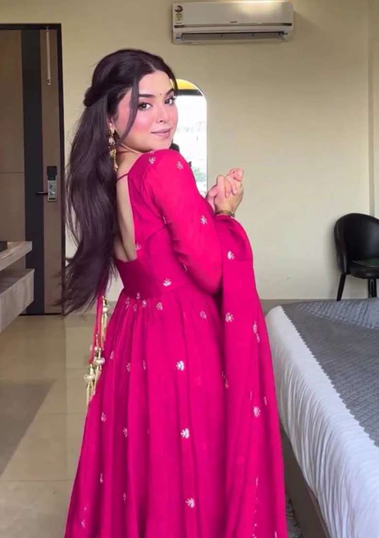 Peach Embroidered Faux Blooming Anarkali Set - Indya