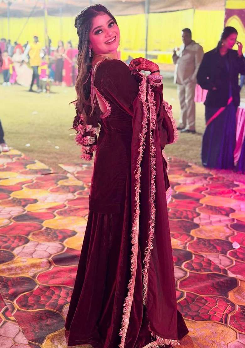 Maroon Embroidered Viscose Anarkali Set - Indya