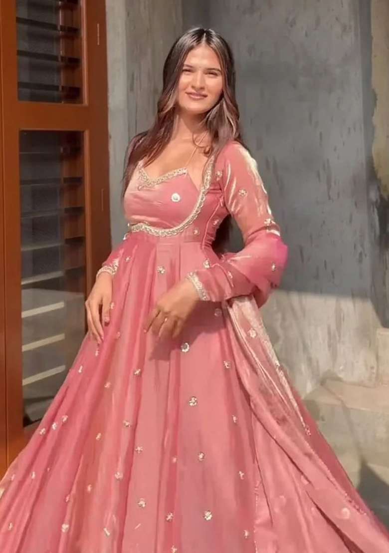 Peach Embroidered Silk Blend Anarkali Set - Indya