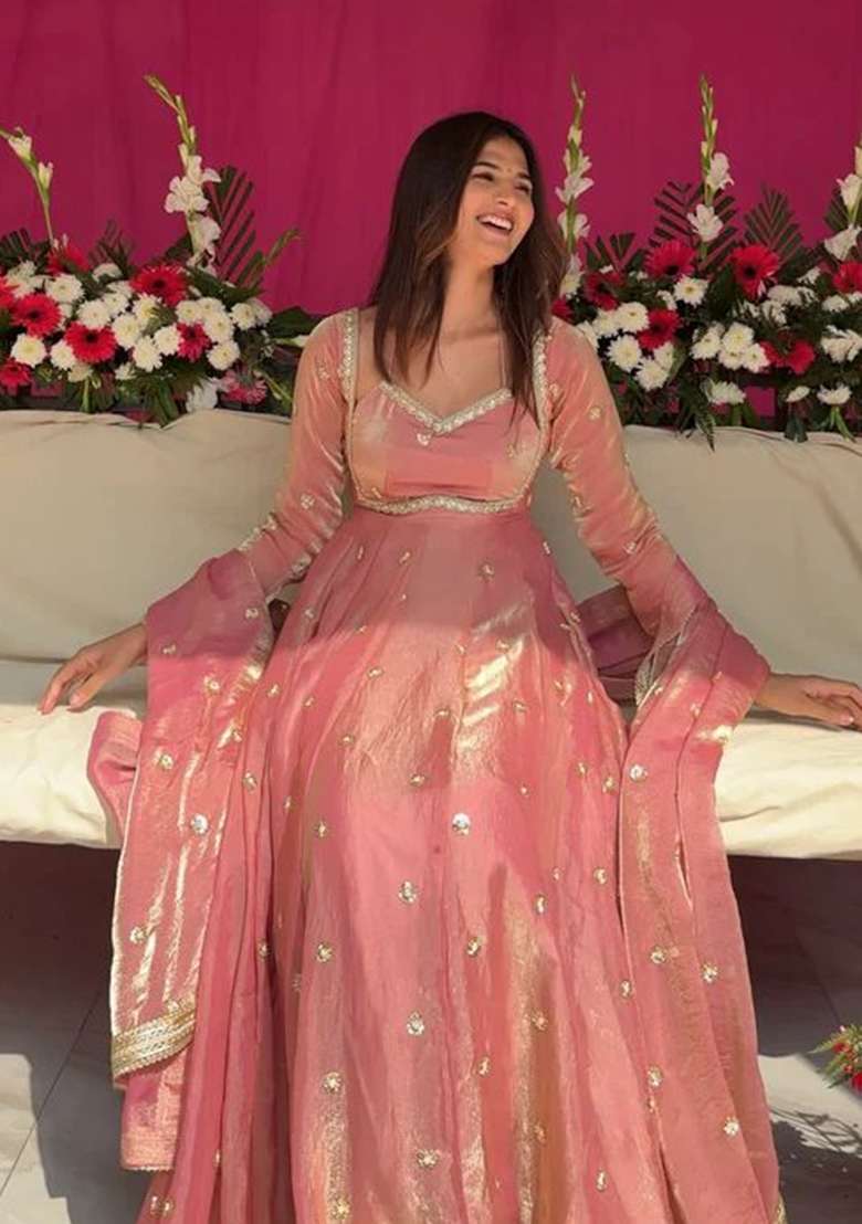 Peach Embroidered Silk Blend Anarkali Set - Indya