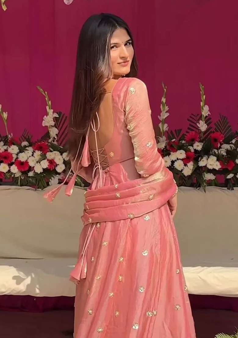 Peach Embroidered Silk Blend Anarkali Set - Indya