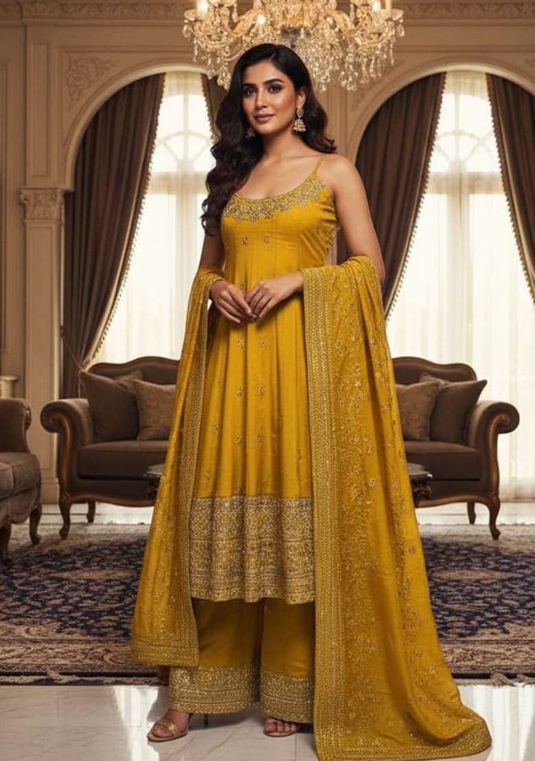 Gold Embroidery Vichitra Silk Blend Salwar Suit - Indya