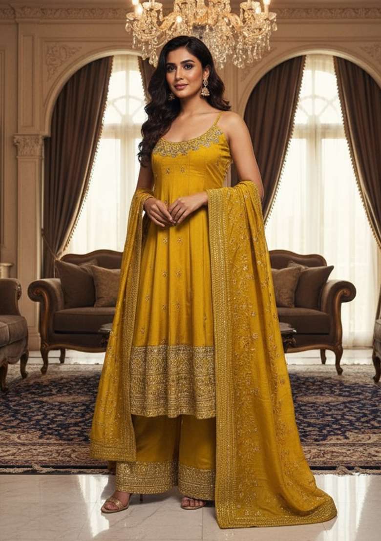 Gold Embroidery Vichitra Silk Blend Salwar Suit - Indya
