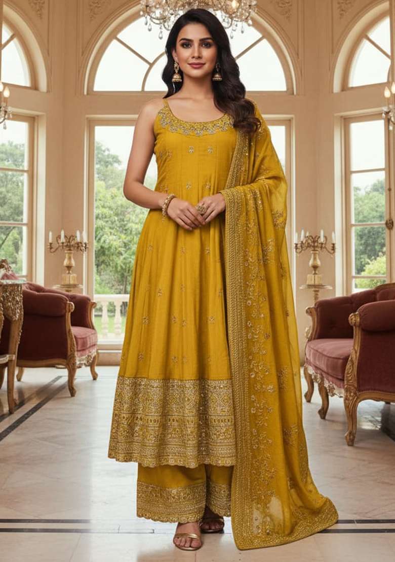 Gold Embroidery Vichitra Silk Blend Salwar Suit - Indya