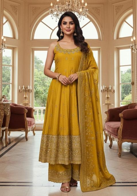 Gold Embroidery Vichitra Silk Blend Salwar Suit